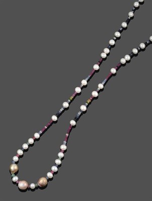 Lot 2003 - A Multi-Gemstone Bead Necklace, cultured pearls spaced by emerald, chrome diopside and blue,...