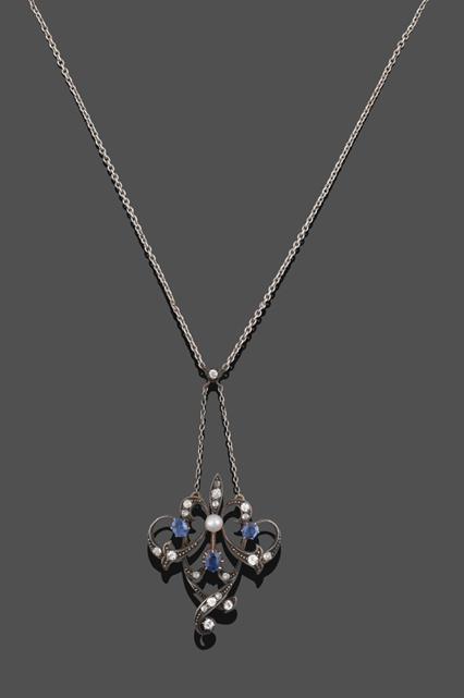 Lot 2014 - An Art Nouveau Sapphire, Diamond and Cultured Pearl Necklace, three oval cut sapphires in...