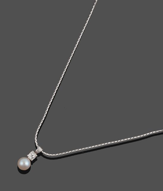 Lot 2015 - A Diamond and Cultured Pearl Pendant on An 18 Carat White Gold Chain, an old cut diamond in a white