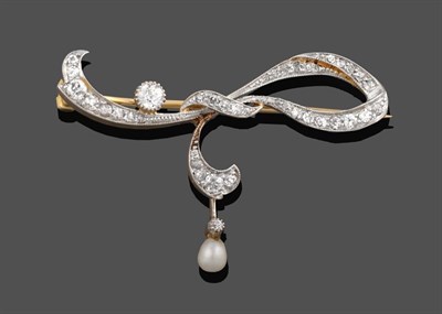 Lot 2020 - An Edwardian Diamond and Cultured Pearl Brooch, the ribbon motif set throughout with eight-cut...