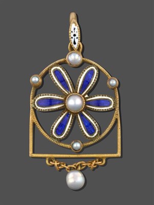 Lot 2024 - An Enamel and Cultured Pearl Pendant, a blue and white enamel bale suspends a blue and white enamel