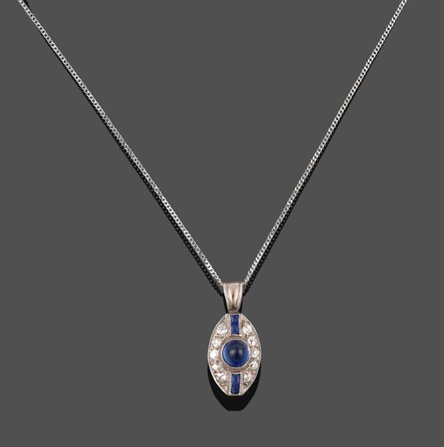 Lot 2036 - An Art Deco Sapphire and Diamond Pendant on Chain, the round cabochon sapphire flanked by pairs...
