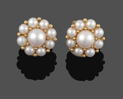 Lot 2037 - A Pair of 9 Carat Gold Cultured Pearl Cluster Earrings, a cultured pearl within a border of smaller