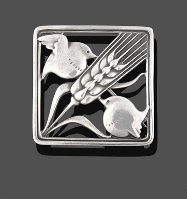 Lot 2053 - A Brooch, by Georg Jensen, the square frame with a wheatsheaf diagonally and a bird in each corner