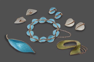 Lot 2060 - A Collection of Norwegian Enamelled Jewellery, comprising of a twin leaf bracelet and pair of...