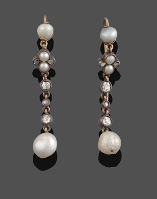 Lot 2066 - A Pair of Victorian Pearl and Diamond Drop Earrings, a pearl suspends a cluster of two pearls...