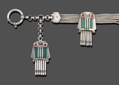 Lot 2067 - An Art Deco Albertina, a white six strand albertina with a red stone and green hardstone set slider