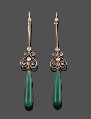 Lot 2083 - A Pair of Agate and Diamond Drop Earrings, an old cut diamond suspends a fixed bar terminating to a