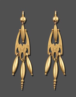 Lot 2085 - A Pair of Victorian Drop Earrings, a yellow bead suspends a torpedo link within an engraved pierced