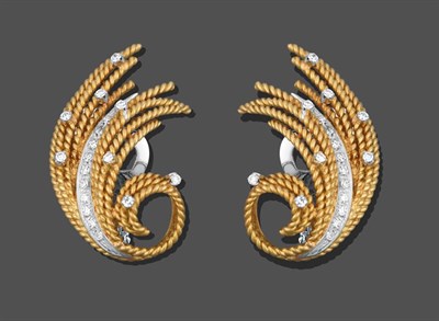 Lot 2091 - A Pair of Diamond Earrings, the yellow ropetwist body in spray form set throughout with...