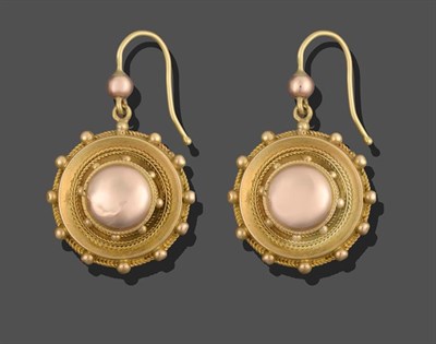 Lot 2093 - A Pair of Victorian Drop Earrings, of circular form with a domed centre, to a frame decorated...