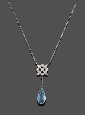 Lot 2097 - An Aquamarine and Diamond Necklace, an old cut and eight-cut diamond set stylised floral motif...
