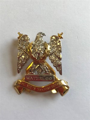 Lot 2108 - A 9 Carat Gold Diamond Waterloo Royal Scots Dragoon Guards Regimental Brooch, in the form of an...