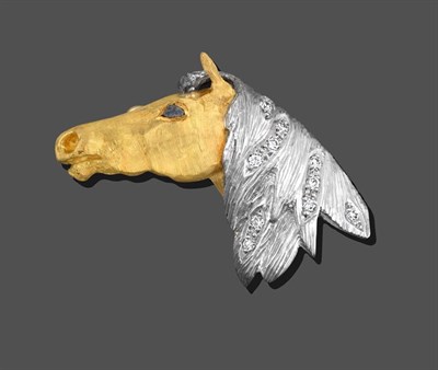 Lot 2115 - An 18 Carat Gold Diamond Horse Head Brooch, the yellow textured head and neck with a hardstone...