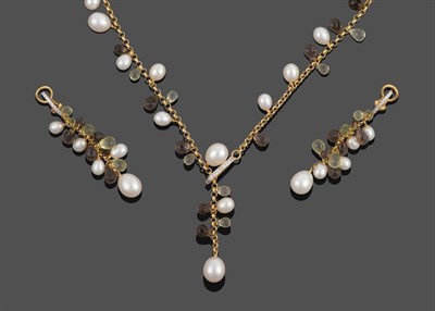 Lot 2120 - A Smokey Quartz, Citrine and Pearl Necklace and Earring Suite, the necklace comprises a belcher...
