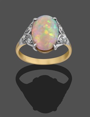 Lot 2155 - An Opal and Diamond Ring, the oval cabochon opal in a white four claw setting, to trios of old...