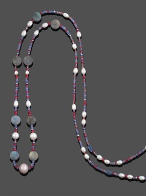 Lot 2180 - A Multi-Gemstone Bead Necklace, cultured pearls spaced by labradorite discs and tanzanite, pink...
