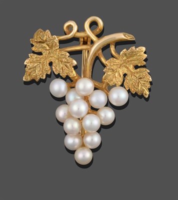 Lot 2182 - A 9 Carat Gold Cultured Pearl Brooch, realistically modelled as a bunch of grapes with yellow...