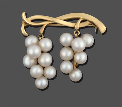 Lot 2188 - A Cultured Pearl Brooch, by Mikimoto, two intertwined gold bars suspend two clusters of...