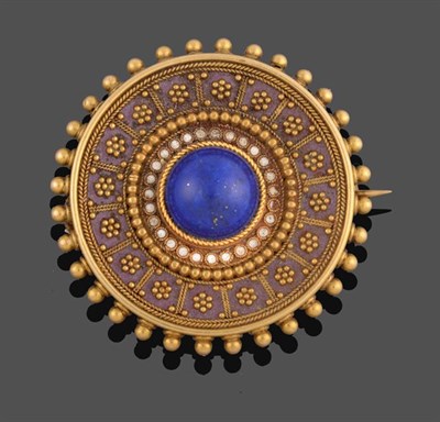 Lot 2192 - A Victorian Lapis Lazuli and Enamel Brooch, of circular form, the central round cabochon lapis...