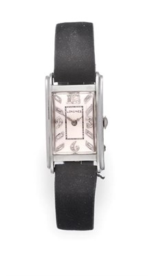 Lot 2203 - An Art Deco Style Rectangular Shaped Platinum Wristwatch, lever movement signed Longines and...