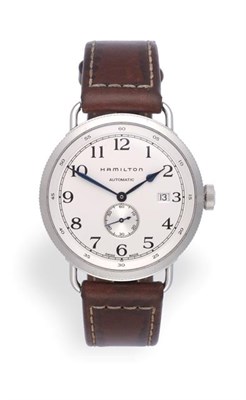 Lot 2213 - A Stainless Steel Automatic Calendar Wristwatch, signed Hamilton, model: Navy Pioneer, ref:...