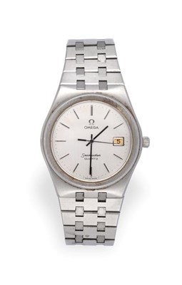 Lot 2219 - A Stainless Steel Calendar Centre Seconds Wristwatch, signed Omega, model: Seamaster, circa...