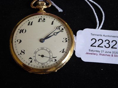 Lot 2232 - An Art Deco Open Faced Keyless Pocket Watch, 1928, lever movement, blued overcoil hairspring,...