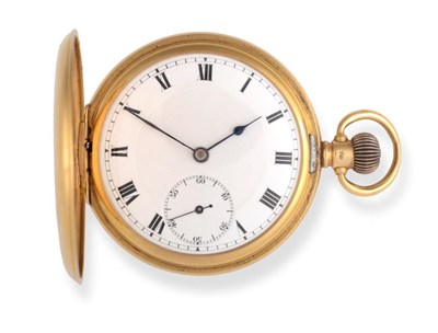 Lot 2252 - An 18 Carat Gold Full Hunter Keyless Pocket Watch, 1918, lever movement, enamel dial with Roman...