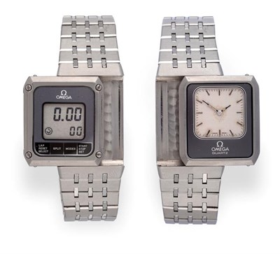 Lot 2257 - An Unusual Analogue/Digital Stainless Steel Reversible Wristwatch, signed Omega, model:...