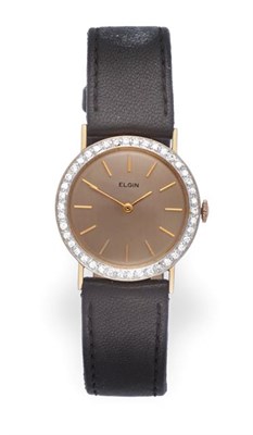 Lot 2270 - A 14 Carat Gold Diamond Set Wristwatch, signed Elgin, circa 1965, lever movement, silvered dial...