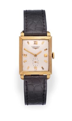 Lot 2272 - A 14 Carat Gold Rectangular Shaped Wristwatch, signed Longines, circa 1955, (9LT) lever...