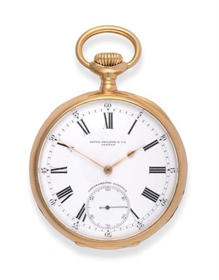 Lot 2275 - An 18 Carat Gold Open Faced Keyless Pocket Watch, signed Patek Philippe & Cie, Geneve, model:...