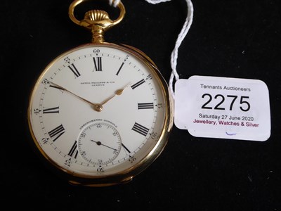 Lot 2275 - An 18 Carat Gold Open Faced Keyless Pocket Watch, signed Patek Philippe & Cie, Geneve, model:...