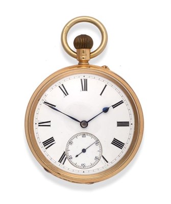 Lot 2281 - An 18 Carat Gold Open Faced Keyless Pocket Watch, 1893, lever movement, enamel dial with Roman...