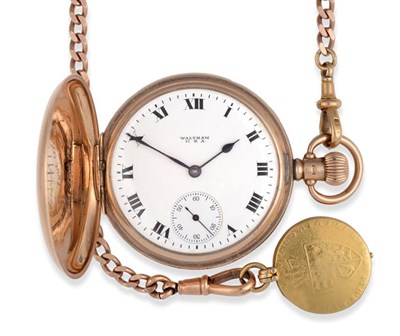 Lot 2294 - A 9 Carat Gold Full Hunter Keyless Pocket Watch, signed Waltham, 1921, lever movement signed...