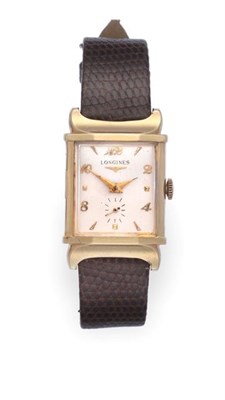 Lot 2304 - A 14 Carat Gold Rectangular Shaped Wristwatch, signed Longines, 1952, (calibre 9LT) lever...