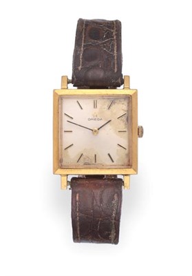 Lot 2309 - A Lady's 18 Carat Gold Square Shaped Wristwatch, signed Omega, 1964, (calibre 620) lever...