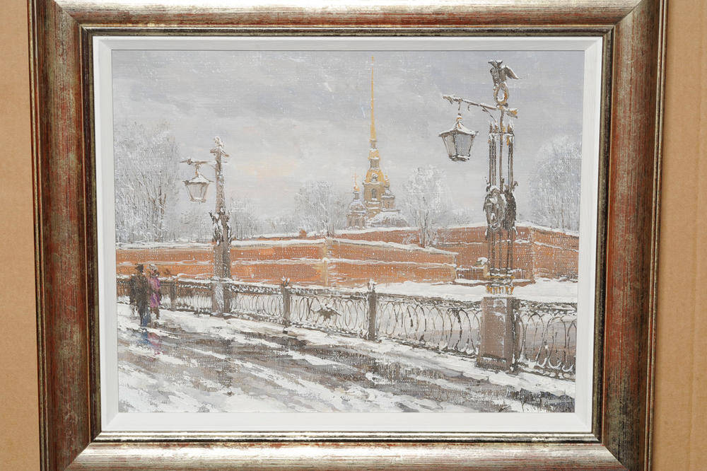 Lot 802 - Kyril Malkov (b.1965) Russian   "Ha Mocty", Russian street scene in winter Signed, extensively...