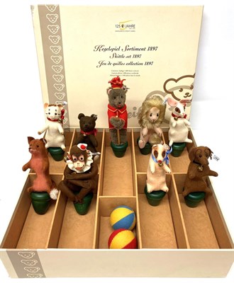 Lot 2000 - Limited Edition 1897 Reproduction Steiff Skittle Set with nine animal figures on green wooden bases