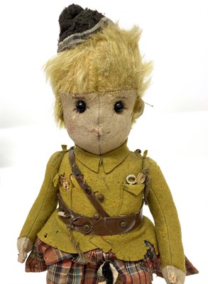 Lot 2003 - Early 20th Century Steiff Felt Scottish Soldier Doll, with centre seam to face, blond hair,...