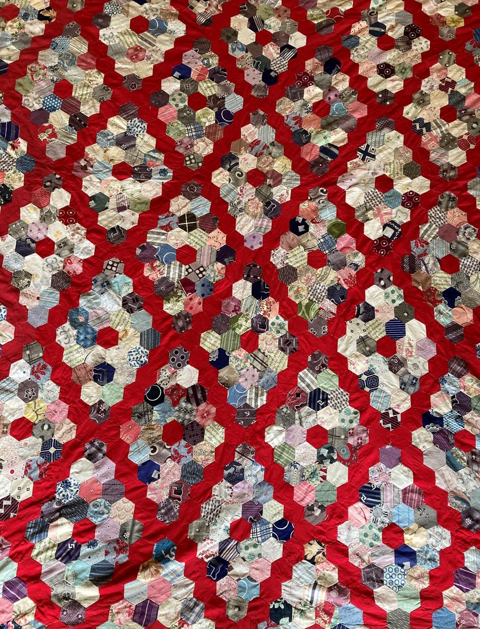 Lot 2016 - Large 19th Century Double Sided Patchwork, comprising hexagonal  cotton patches forming diamond...