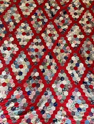 Lot 2016 - Large 19th Century Double Sided Patchwork, comprising hexagonal  cotton patches forming diamond...