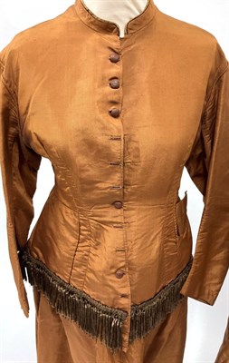 Lot 2029 - 19th Century Brown Silk Two Piece, comprising a fitted bodice with long sleeves, full skirt,...