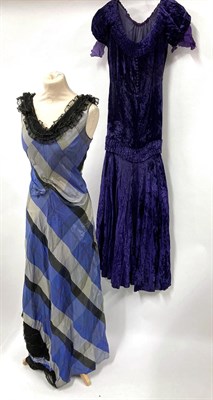 Lot 2034 - Circa 1920/1930s Evening Wear, including a flocked velvet and chiffon drop waist shift dress,...