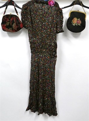 Lot 2043 - Circa 1930s Evening Wear, including a Stagg & Russell London black chiffon short sleeved dress,...