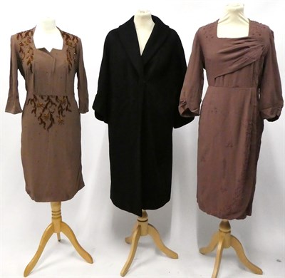 Lot 2045 - Circa 1940s Day Dresses and Coats, including a Lawrence Hill red crepe short sleeved dress with...