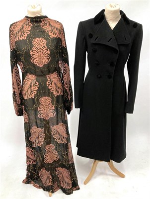 Lot 2051 - Circa 1930s Black Chiffon Printed Evening Dress, with floral and gold spot woven decoration,...