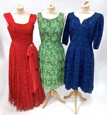 Lot 2058 - Assorted Circa 1950s and Later Cocktail and Evening Dresses, comprising a blue lace mounted...