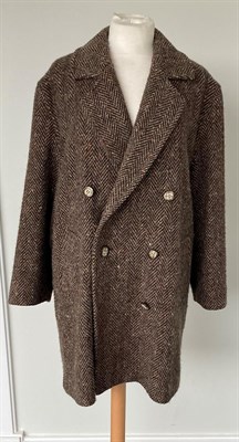 Lot 2083 - A Burberrys Lady's Brown Chevron Weave Wool Double Breasted Coat, 1980s/1990s, custom made, no...
